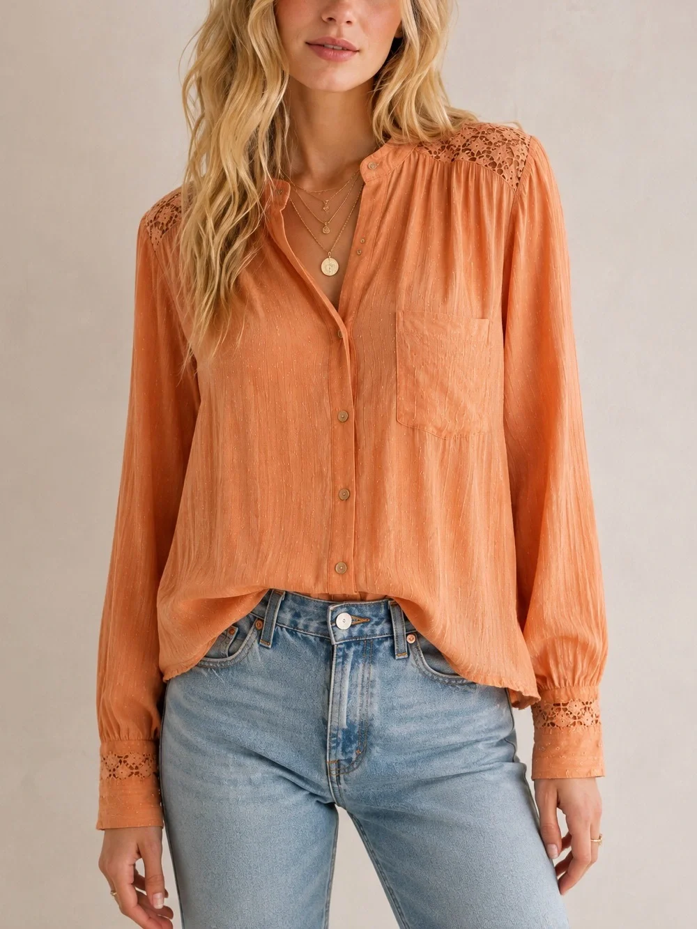 Free People Peach Crochet Lace Back Boho Blouse S